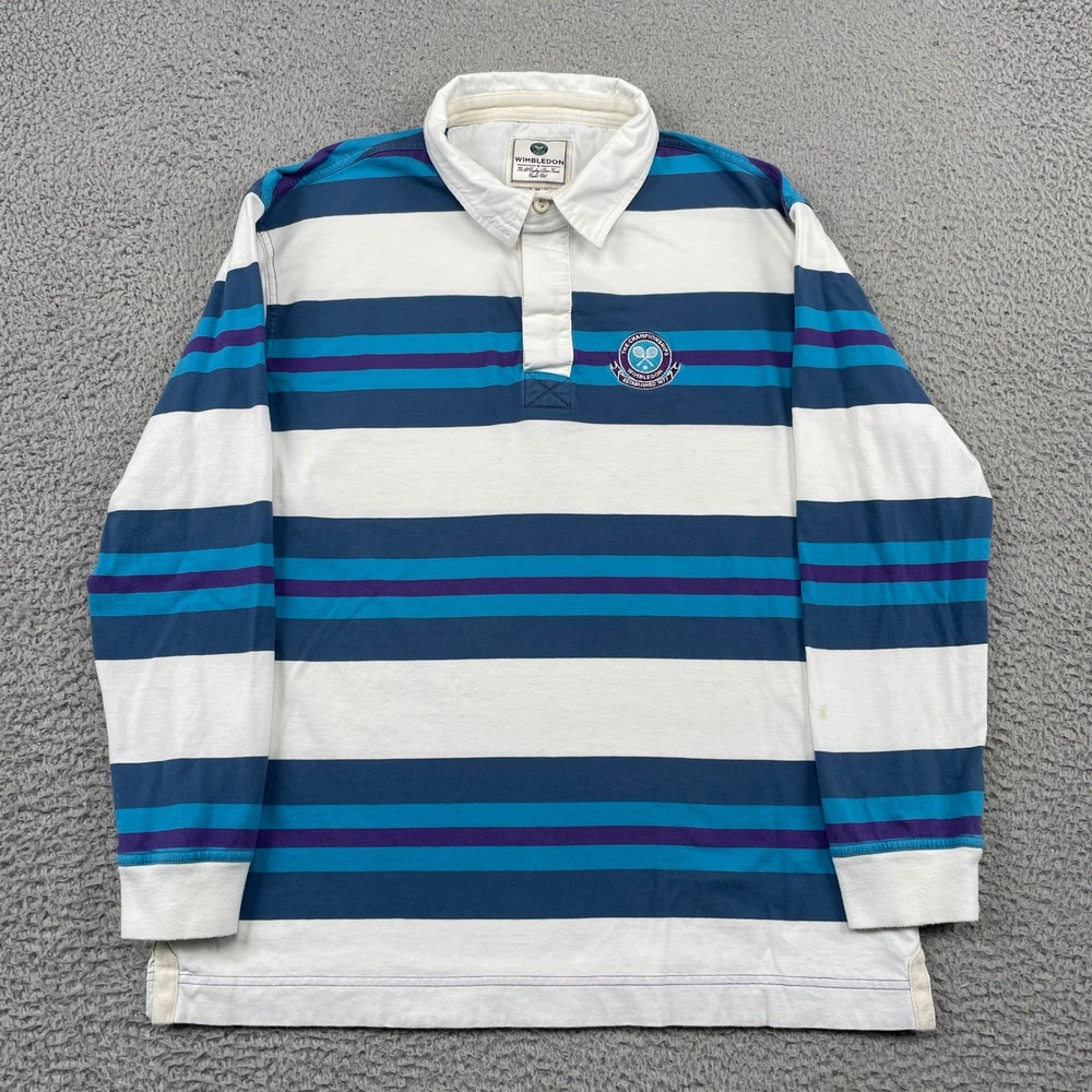 Wimbledon Rugby Shirt Mens Medium Blue Striped Long Sleeve Polo Tennis Crest